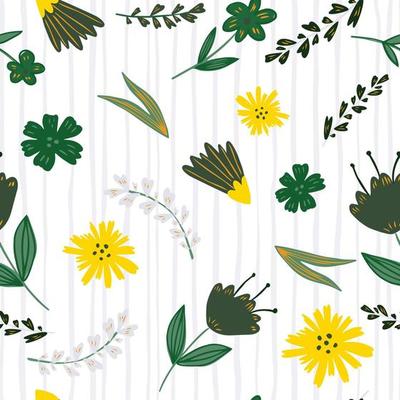 Folk floral seamless pattern on stripes background. Cute little flowers wallpaper in vintage style.