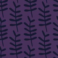 Dark botanic seamless doodle pattern with branch shapes. Purple background. Floral simple backdrop. vector