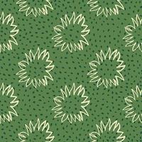 Hand drawn simple seamless pattern with yellow light contoured sun silhouettes. Abstract ornament on green dotted background. vector