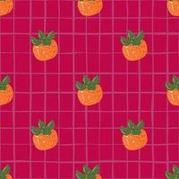 Orange ripe simple persimmons shapes seamless pattern. Pink chequered background. Food backdrop. vector