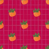 Orange ripe simple persimmons shapes seamless pattern. Pink chequered background. Food backdrop. vector