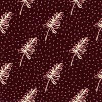 Contoured branch leaves seamless pattern. Hand drawn foliage ornament in maroon dotted background. vector