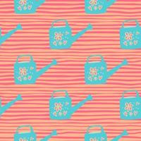 Bright seamless pattern with garden tool ornament. Blue watering cans on pink stripped background. vector