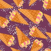 Random seamless food pattern with ice cream in waffle cone. Purple background with white splashes. Bright design. vector