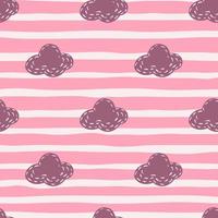 Seamless pattern with purple cloud ornament with dashes. Pink and white striped background. vector