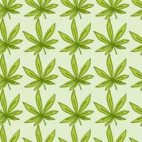 patrón de garabatos sin costuras con hojas de cannabis verde. estampado floral con adorno de droga verde y fondo claro pastel. vector
