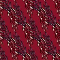 Floral doodle seamless pattern with branches contoured silhouettes. Maroon background with red and blue outline elements. vector