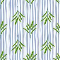 Botanic seamless pattern with simple green minimalistic leaves branches. Blue and white striped background. vector