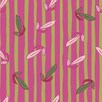 Summer seamless pattern with random little leaves outline ornament. Pink and green striped background. vector