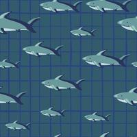 Random seamless pattern with shark fish silhouettes. Grey chequered background. Abstract geometric style. vector