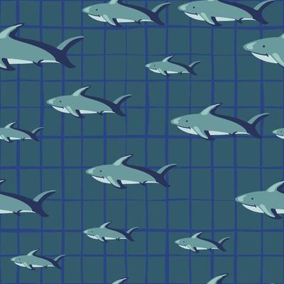 Random seamless pattern with shark fish silhouettes. Grey chequered background. Abstract geometric style.