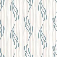 Blue minimalistic branches seamless pattern in hand drawn style. Light striped background. Hand drawn print. vector