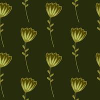 Dark floral seamless pattern with contoured abstract flowers. Design in golden palette and yellow and green tones. vector