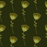 Dark floral seamless pattern with contoured abstract flowers. Design in golden palette and yellow and green tones. vector