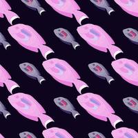 Nature wild seamless pattern with bright pink surgeon fish silhouettes. Black background. Contrast print. vector