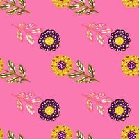 Spring seamless pattern with purple and yellow folk flowers elements. Pink background. Hand drawn nature print. vector