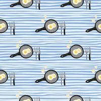 Seamless pattern with doodle omelette on pan ornament. Breakfast print with dishware on blue stripped background. vector