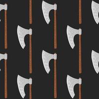 Minimalistic seamless pattern with doodle viking ax ornament. Steel weapon shapes with wood handle on black background. vector