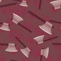 Medieval war seamless random pattern with hatchet silhouettes and blood splashes. Horror backdrop in red and maroon tones. vector