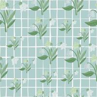 Random spring seamless pattern with green forest flowers silhouettes. Soft blue chequered background. vector