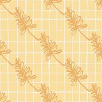 Summer simple floral branch ornament seamless pattern. Orange contoured print with light chequered background. vector