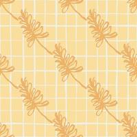 Summer simple floral branch ornament seamless pattern. Orange contoured print with light chequered background. vector