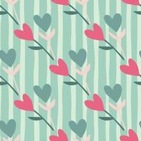 Branches with hearts abstract seamless doodle pattern. Pastel blue and pink elements on turquoise background with strips. vector