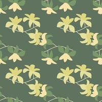 Spring season seamless pattern with yellow random hawaii flowers ornament. Green pale background. vector