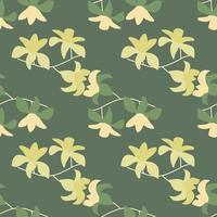 Spring season seamless pattern with yellow random hawaii flowers ornament. Green pale background. vector