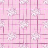 Pink palette leaves cluster seamless pattern. White foliage with pink contour and background with check. vector