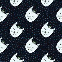 Cat with crowns seamless naive doodle pattern. Black background with blue dots and white faces animals print. vector