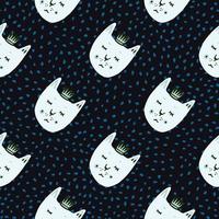 Cat with crowns seamless naive doodle pattern. Black background with blue dots and white faces animals print. vector