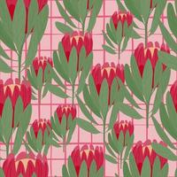 Random seamless pattern with pink protea hand drawn elements. Flower artwork. Pink chequered background. vector