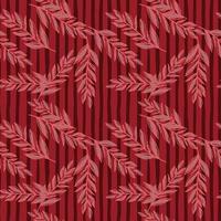 Random contoured leaf branches seamless doodle pattern. Christmas style. Red background with strips. vector