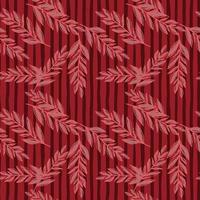 Random contoured leaf branches seamless doodle pattern. Christmas style. Red background with strips. vector