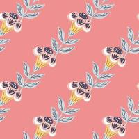 Summer seamless doodle pattern with white and yellow colored folk flowers print. Pink background. vector