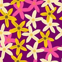 Bright pink, yellow and white mandarins flowers silhouettes print. Purple background. Random floral artwork. vector