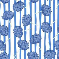 Random bright seamless pattern in asian style with blue lotus elements. White and blue striped background. vector