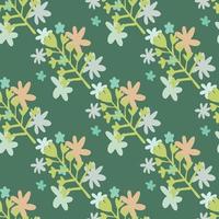 Botanic seamless pattern with green flowers silhouettes and little daisy elements in blue and pink colors. Green background. vector