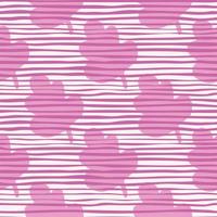 Bright seamless doodle pattern with tree leafs in pink color. White background with strips. Simple naive backdrop. vector