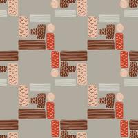 Simple rectangles seamless pattern. Geometry figures in brown, red and grey colors on soft grey background. vector