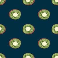 Minimalistic seamless pattern with green kiwi silhouettes. Simple fruit ornament on navy blue background. vector