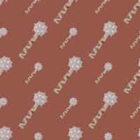 Seamless pale pattern with scandi war mace print. Flail medieval elements with spikes on maroon background. vector