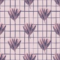 Simple floral seamless pattern with tulip buds. Purple flower ornament on grey background with check. vector