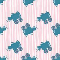 Blue colored camera shapes seamless pattern. Cinema simple elements on pink and white stripped background. vector