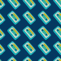 Music disco seamless pattern with cassettes. Navy colored background with yellow and blue ornament. vector