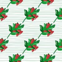 Bright christmas print seamless pattern with holly berry branches. Red and green xmas ornament on stripped light background. vector