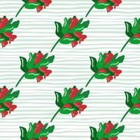 Bright christmas print seamless pattern with holly berry branches. Red and green xmas ornament on stripped light background. vector