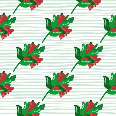 Bright christmas print seamless pattern with holly berry branches. Red and green xmas ornament on stripped light background.