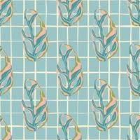 Light pastel blue seamless pattern with hand drawn monstera leaf ornament. Chequered background. Tender palette tones print. vector